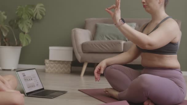 Genç Aktif Bir Kadın Yaşındaki Kızının Yoga Minderlerinde Oturup Laptoplarını — Stok video