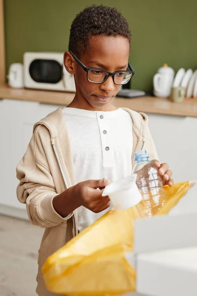 Boy Sorting Waste at Home Close Up — Stock Photo, Image