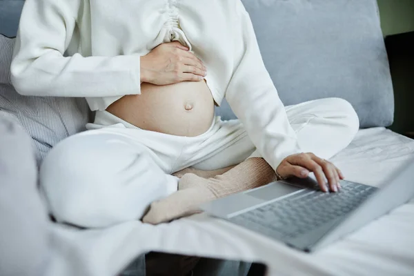 Těhotná žena pracuje on-line doma — Stock fotografie