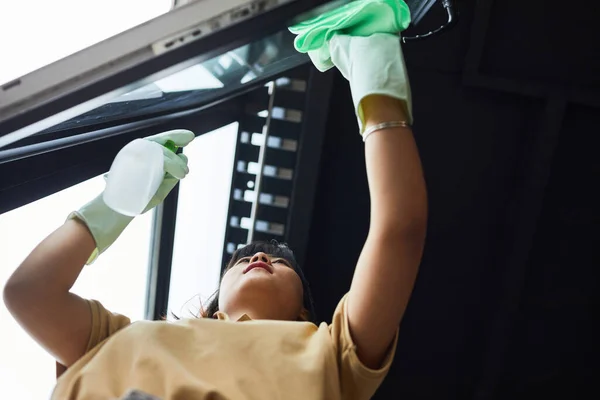 Jonge vrouw schoonmaken van ramen lage hoek — Stockfoto