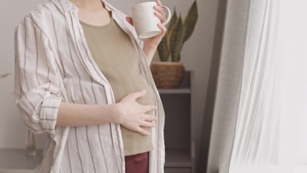 Μεσοτομή Αργή Βολή Αγνώριστη Έγκυος Γυναίκα Casualwear Πίνοντας Τσάι Από — Αρχείο Βίντεο