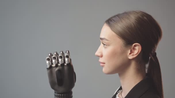 Side View Chest Slowmo Portrait Young Beautiful Woman Robotic Arm — Stock Video