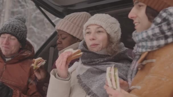 雪の日にオープンカーのトランクに座ってサンドイッチを食べながら会話をしている多民族の友人のグループの中低速ショット — ストック動画