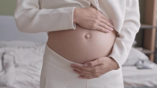 Inclinado Medio Cerca Retrato Slow Joven Mujer Embarazada Caucásica Mirando — Vídeo de stock