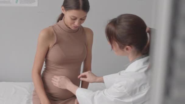 Lento Disparo Obstetra Femenina Examinando Vientre Joven Mujer Embarazada Caucásica — Vídeos de Stock