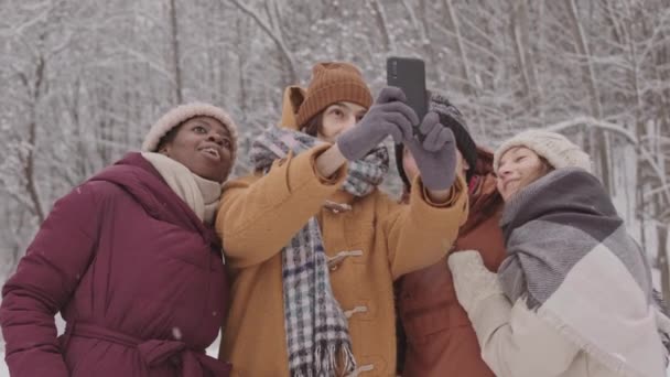 ภาพช าปานกลางของกล มเพ อนสาวหลายชนชาต มองไปรอบ เพล ดเพล าฤด หนาวท สวยงามในว — วีดีโอสต็อก