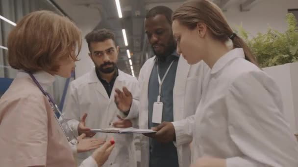 Plan Moyen Une Équipe Diversifiée Médecins Blouse Laboratoire Décidant Quoi — Video