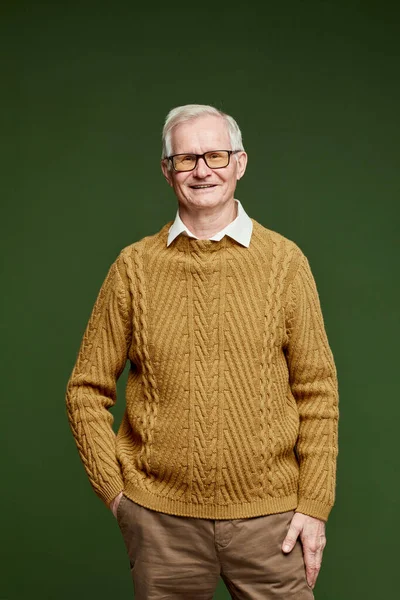 Retrato de moda de hombre mayor alegre en jersey de punto marrón y pantalones —  Fotos de Stock