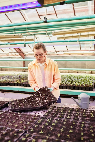 Joven agricultora en ropa de trabajo tomando grupo de macetas pequeñas con plántulas — Foto de Stock