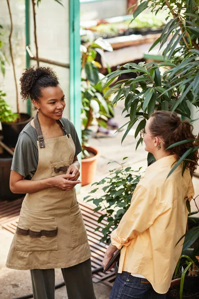 Joven africana Amrican propietaria femenina de floristería consultoría cliente — Foto de Stock