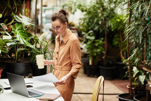 Young serious businesswoman with drink working with documentation