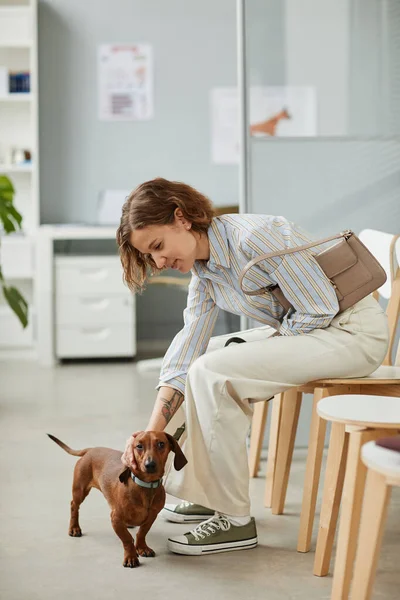 Junge Tierhalterin verwöhnt ihren Dackelhund — Stockfoto