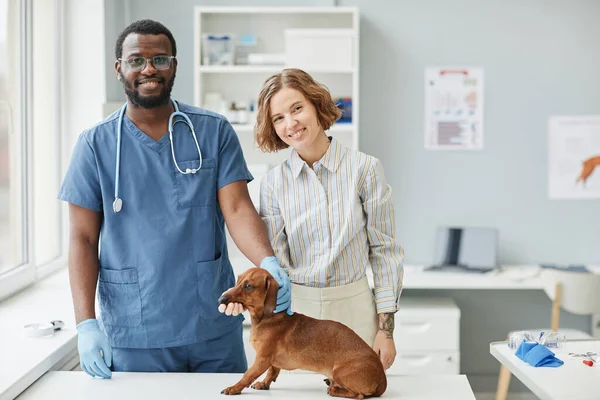 Glad ung veterinär och sällskapsdjur ägare står vid medicinska bordet — Stockfoto