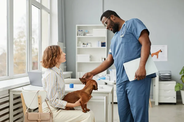 Unga sällskapsdjur ägare tittar på veterinär när du konsulterar om hennes hund — Stockfoto