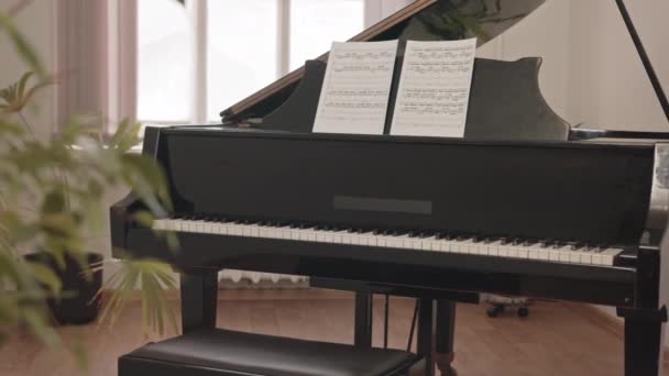 黒グランドピアノのスロモとそれに音符と紙の2枚のシート音楽学校のクラスに立っている — ストック動画
