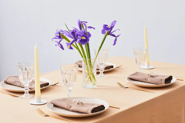 아이리스 꽃 과 함께 식탁에 앉는 일 — 스톡 사진