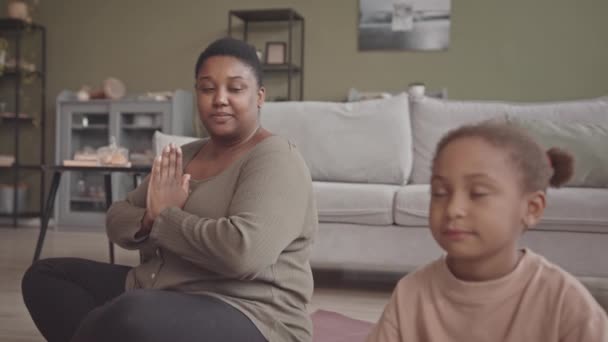 中低速の若いですCurvyアフリカ系アメリカ人女性と彼女のGen A娘支出レジャー時間で一緒にホーム瞑想 — ストック動画