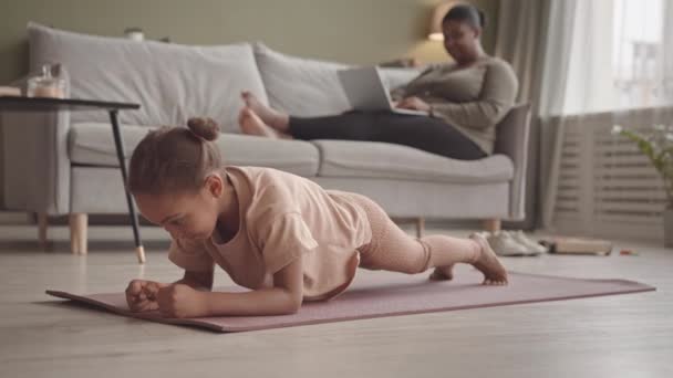 Slowmo Sporty African American Gen Girl Doing Plank Exercise Yoga — Stock Video