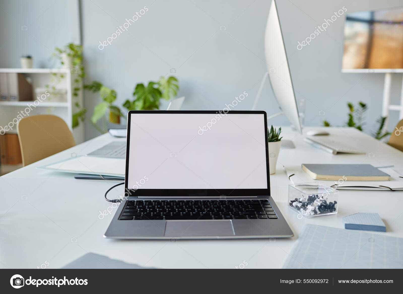 Minimal Background Image Office Workplace Mock Laptop Screen White.