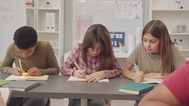 Taillierte Langsamkeit Von Multiethnischen Grundschulmädchen Die Versuchen Bei Tests Betrügen — Stockvideo