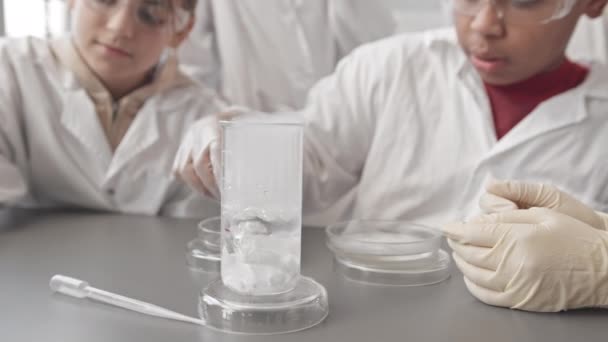 Waist Slowmo Biracial School Boy His Classmates Lab Coats Protective — Stock Video