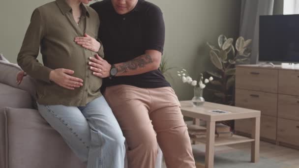 Cultivado Slowmo Embarazada Interracial Lesbiana Pareja Acariciando Vientre Con Ternura — Vídeo de stock