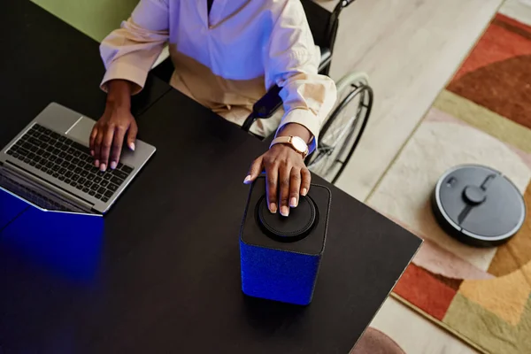 Top View Young Black Woman Wheelchair Using Smart Speaker While — Stock Photo, Image