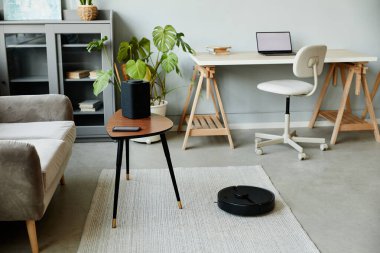 Akıllı aygıtlara sahip minimal ev içinin arkaplan resmi, kopyalama alanı