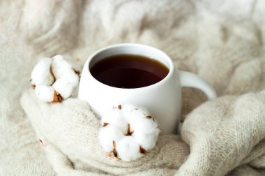 Kurutulmuş pamukla örülmüş desenli beyaz fincan çayı. İskandinav dilinde sıcak bir kahvaltı. Noel tebrik kartı. Yaratıcı kopyalama alanı.