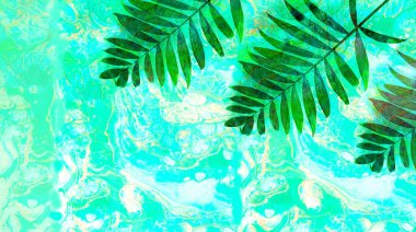 Soyut arka planda tropik yapraklar ve karışık akrilik boyalar. Tasarım Trend: 