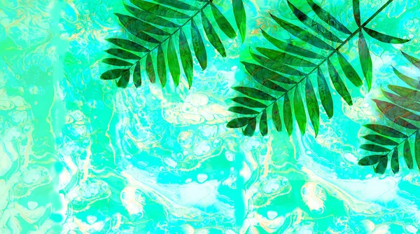 Folhas tropicais sobre fundo abstrato com tintas acrílicas mistas. Tendência de Design: Psych Out. Fluxo de forma livre. Espaço de cópia criativa — Fotografia de Stock