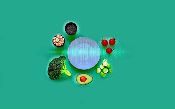 Empty Plate Hologram Ingredients Proper Nutrition Green Background Concept Healthy — Stock Photo, Image