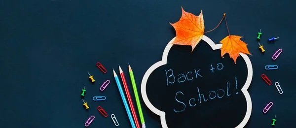 Back School Chalkboard Background School Supplies Dark Background Creative Copy — Stock Fotó