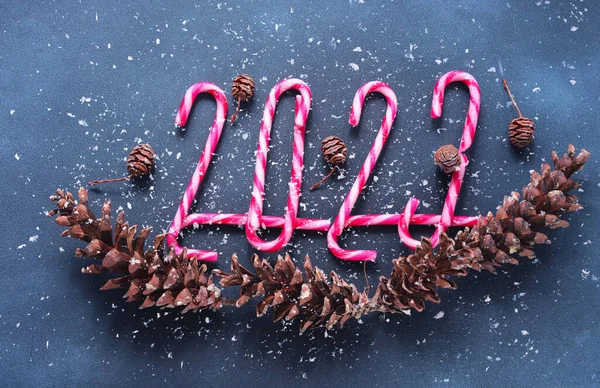 New Year 2023 Made Christmas Candy Canes Blue Background Snow — Stock Photo, Image