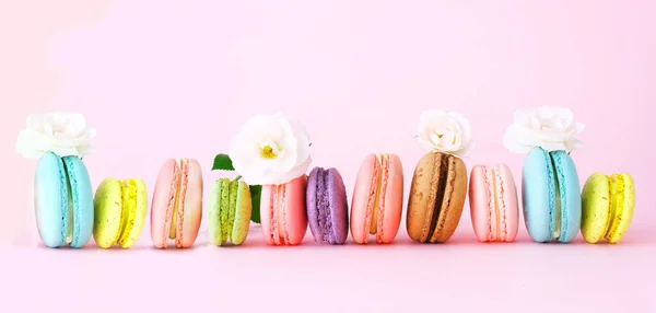 Colored French macaroons on pink background. Bold hues for seasonal projects and basis designs. Close-up. Food banner