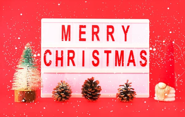 Christmas Ornaments Red Background Light Box Word Merry Christmas Word — Photo