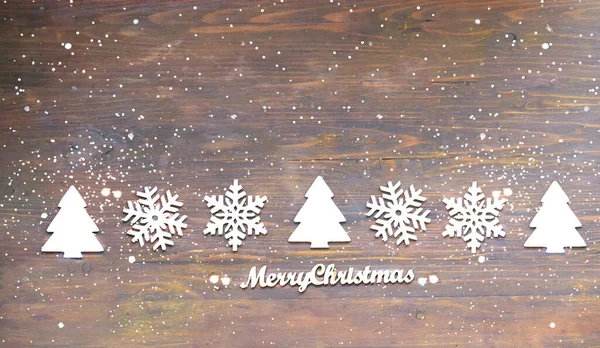 Christmas Ornaments Wooden Background Merry Christmas Word Texture Snow Snowflakes — Stock fotografie
