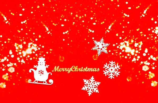 Christmas Ornaments Red Background Merry Christmas Word Texture Snow Snowflakes — Fotografia de Stock