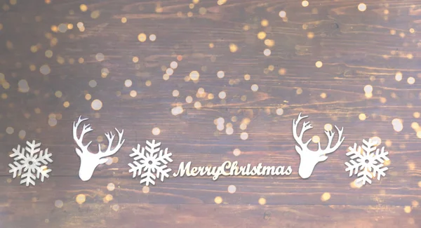 Vánoční Ozdoby Zlatými Jiskrami Veselé Vánoce Slovo Dřevěném Pozadí Creative — Stock fotografie