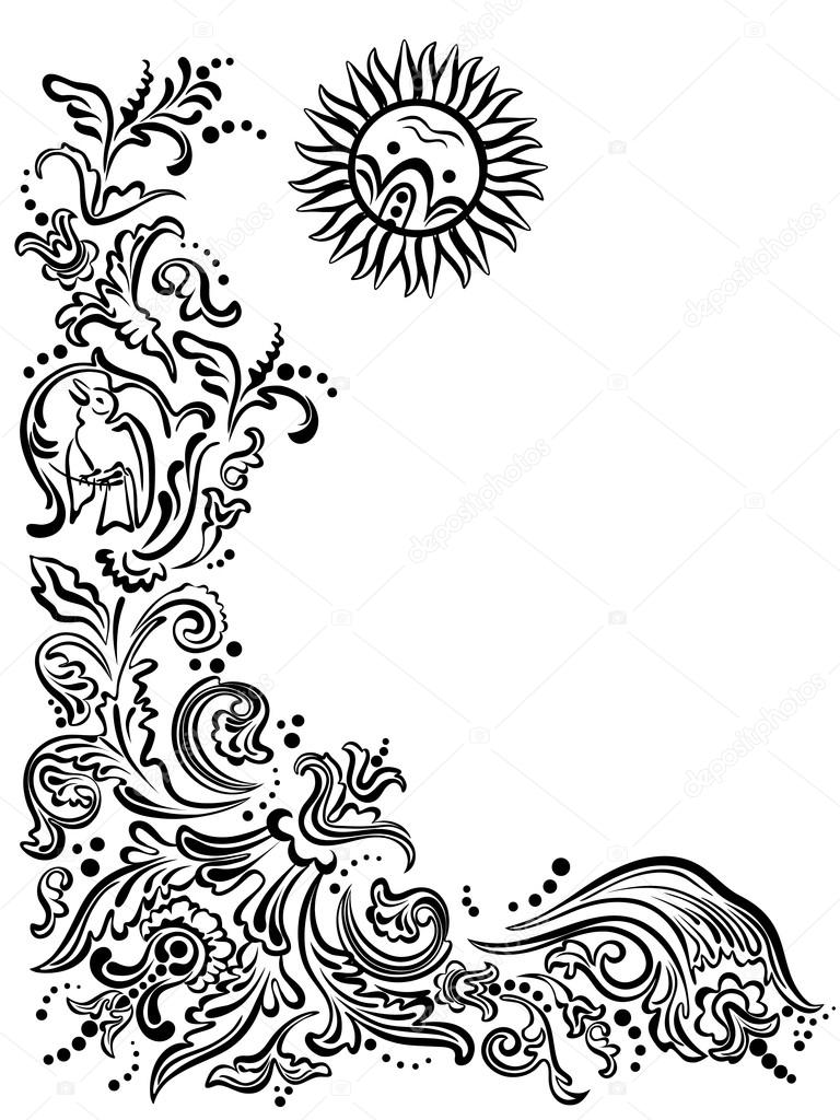 Black abstract image of a garden, a card with flowers ornament, sun