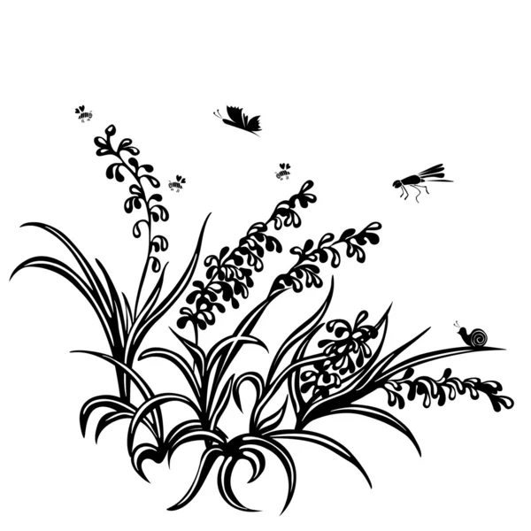 Fondo de verano de plantas, hierba, flor, insectos — Vector de stock