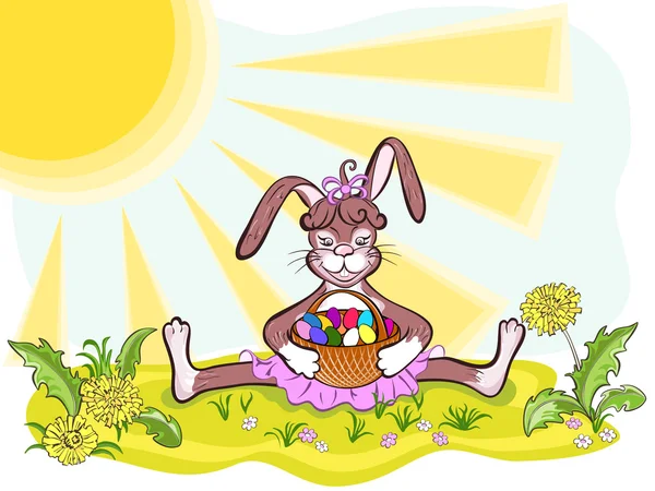 Conejo de Pascua con una cesta sentada en la hierba. Huevos de Pascua — Archivo Imágenes Vectoriales