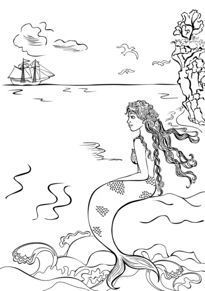 Prachtige zeemeermin zittend op een rots, kijken naar het schip. — Stockvector