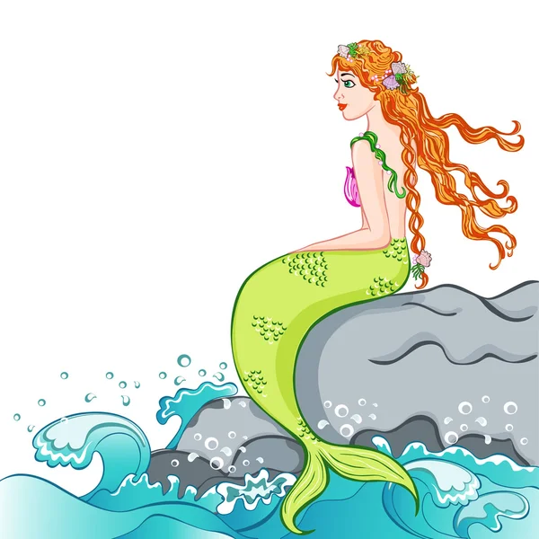 Hermosa sirena sentada en una roca. ilustración vectorial — Archivo Imágenes Vectoriales