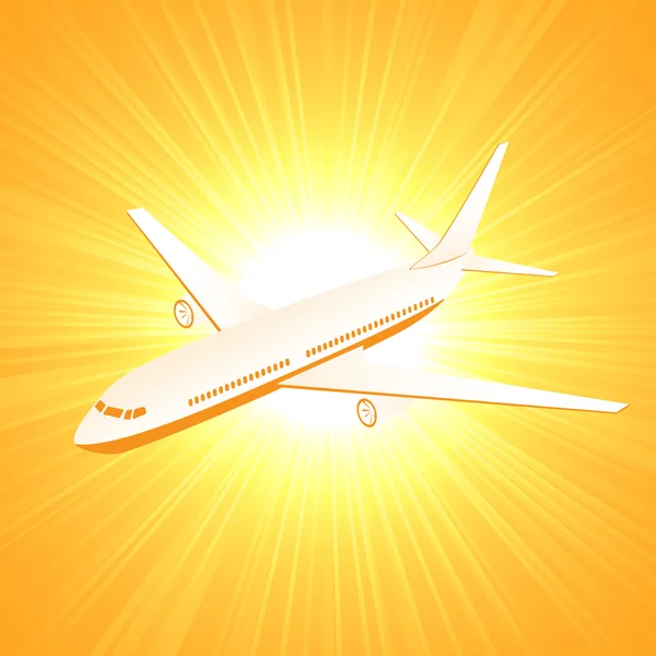 Vliegtuig op zon achtergrond — Stockvector