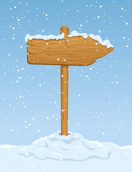 Signo de madera con nieve cayendo — Vector de stock