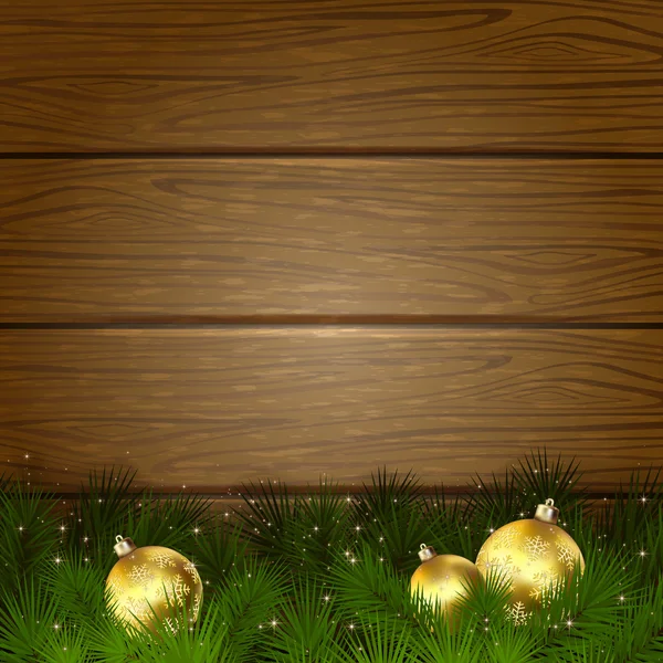 Árbol de Navidad y bolas sobre fondo de madera — Vector de stock