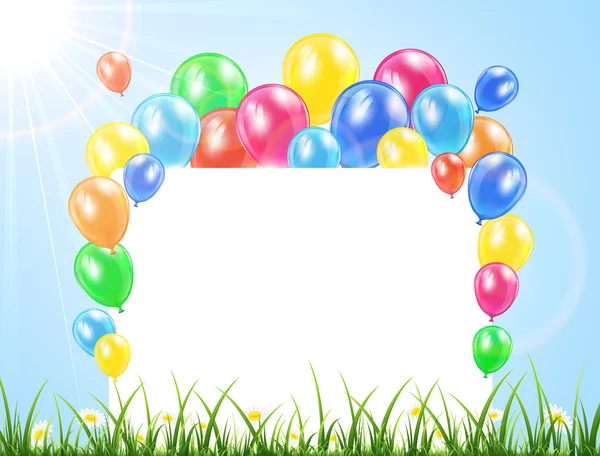 Balloons and banner on a grass — Stock Vector