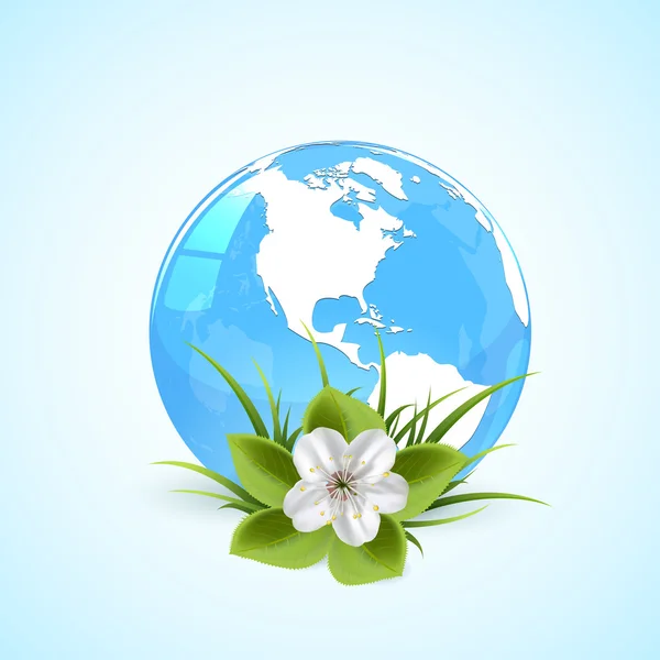 Blauw aarde wereldbol met bloem — Stockvector