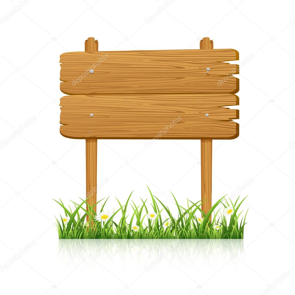 Wooden banner in grass with flower